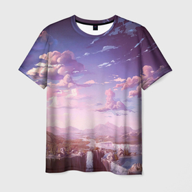 Мужская футболка 3D с принтом Долина в Санкт-Петербурге, 100% полиэфир | прямой крой, круглый вырез горловины, длина до линии бедер | Тематика изображения на принте: valley | водопад | горы | небо | облака | река
