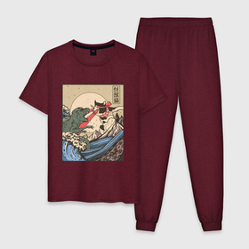 Мужская пижама хлопок с принтом Cat Kong versus Godzilla Kaiju в Курске, 100% хлопок | брюки и футболка прямого кроя, без карманов, на брюках мягкая резинка на поясе и по низу штанин
 | Тематика изображения на принте: catzilla | japan | kitty | poster parody | samurai | ukiyo e | wave | арт | большая волна | гигантский котёнок | гигантский монстр | годзилла против кинг конга | кайдзю | кот | котзилла | котик | котята | пародия на постер