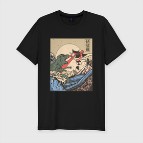 Мужская футболка хлопок Slim с принтом Cat Kong versus Godzilla Kaiju в Курске, 92% хлопок, 8% лайкра | приталенный силуэт, круглый вырез ворота, длина до линии бедра, короткий рукав | catzilla | japan | kitty | poster parody | samurai | ukiyo e | wave | арт | большая волна | гигантский котёнок | гигантский монстр | годзилла против кинг конга | кайдзю | кот | котзилла | котик | котята | пародия на постер