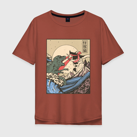Мужская футболка хлопок Oversize с принтом Cat Kong versus Godzilla Kaiju , 100% хлопок | свободный крой, круглый ворот, “спинка” длиннее передней части | Тематика изображения на принте: catzilla | japan | kitty | poster parody | samurai | ukiyo e | wave | арт | большая волна | гигантский котёнок | гигантский монстр | годзилла против кинг конга | кайдзю | кот | котзилла | котик | котята | пародия на постер