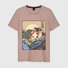 Мужская футболка хлопок с принтом Cat Kong versus Godzilla Kaiju в Курске, 100% хлопок | прямой крой, круглый вырез горловины, длина до линии бедер, слегка спущенное плечо. | catzilla | japan | kitty | poster parody | samurai | ukiyo e | wave | арт | большая волна | гигантский котёнок | гигантский монстр | годзилла против кинг конга | кайдзю | кот | котзилла | котик | котята | пародия на постер