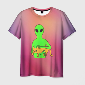 Мужская футболка 3D с принтом Пришелец с котом в Курске, 100% полиэфир | прямой крой, круглый вырез горловины, длина до линии бедер | Тематика изображения на принте: alien | invaders | гуманоид | день космонавтики | инопланетянин | космос | кот | неон | пришелец