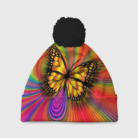 Шапка 3D c помпоном с принтом Абстракция бабочки в Тюмени, 100% полиэстер | универсальный размер, печать по всей поверхности изделия | butterfly | абстракция | бабочка | насекомое | чешуекрылое