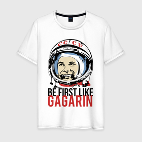 Мужская футболка хлопок с принтом Быть первым как Юрий Гагарин в Новосибирске, 100% хлопок | прямой крой, круглый вырез горловины, длина до линии бедер, слегка спущенное плечо. | Тематика изображения на принте: астронавт | восток1 | гагарин | земля | космонавт | космос | планеты | юрий