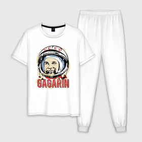 Мужская пижама хлопок с принтом Юрий Гагарин в Кировске, 100% хлопок | брюки и футболка прямого кроя, без карманов, на брюках мягкая резинка на поясе и по низу штанин
 | Тематика изображения на принте: астронавт | восток1 | гагарин | земля | космонавт | космос | планеты | юрий