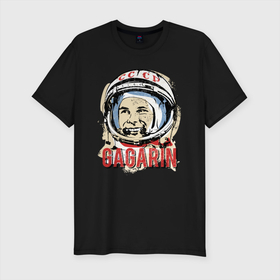 Мужская футболка хлопок Slim с принтом Юрий Гагарин в Тюмени, 92% хлопок, 8% лайкра | приталенный силуэт, круглый вырез ворота, длина до линии бедра, короткий рукав | Тематика изображения на принте: астронавт | восток1 | гагарин | земля | космонавт | космос | планеты | юрий