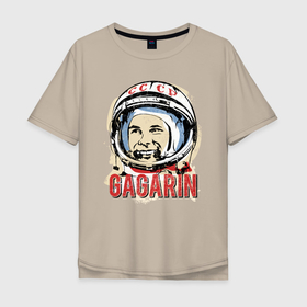 Мужская футболка хлопок Oversize с принтом Юрий Гагарин в Тюмени, 100% хлопок | свободный крой, круглый ворот, “спинка” длиннее передней части | Тематика изображения на принте: астронавт | восток1 | гагарин | земля | космонавт | космос | планеты | юрий