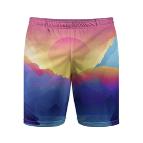 Мужские шорты спортивные с принтом Красочные Горы в Курске,  |  | горы | красочные горы | минимализм | море | небо | природа | рисунок | солнце