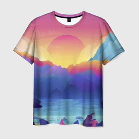 Мужская футболка 3D с принтом Красочные Горы в Новосибирске, 100% полиэфир | прямой крой, круглый вырез горловины, длина до линии бедер | Тематика изображения на принте: горы | красочные горы | минимализм | море | небо | природа | рисунок | солнце