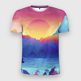 Мужская футболка 3D спортивная с принтом Красочные Горы в Новосибирске, 100% полиэстер с улучшенными характеристиками | приталенный силуэт, круглая горловина, широкие плечи, сужается к линии бедра | горы | красочные горы | минимализм | море | небо | природа | рисунок | солнце