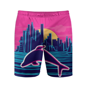 Мужские шорты спортивные с принтом Ретро дельфин ,  |  | город | дельфин | закат | море | ретро
