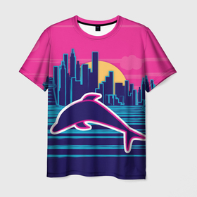 Мужская футболка 3D с принтом Ретро дельфин в Кировске, 100% полиэфир | прямой крой, круглый вырез горловины, длина до линии бедер | Тематика изображения на принте: город | дельфин | закат | море | ретро