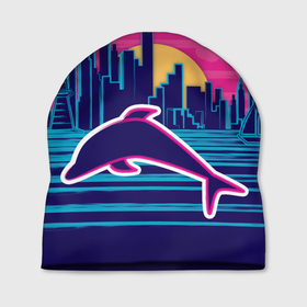 Шапка 3D с принтом Ретро дельфин , 100% полиэстер | универсальный размер, печать по всей поверхности изделия | Тематика изображения на принте: город | дельфин | закат | море | ретро