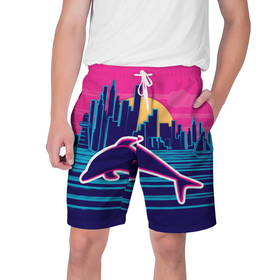 Мужские шорты 3D с принтом Ретро дельфин в Курске,  полиэстер 100% | прямой крой, два кармана без застежек по бокам. Мягкая трикотажная резинка на поясе, внутри которой широкие завязки. Длина чуть выше колен | город | дельфин | закат | море | ретро