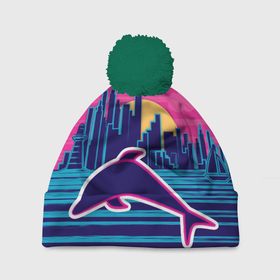Шапка 3D c помпоном с принтом Ретро дельфин в Кировске, 100% полиэстер | универсальный размер, печать по всей поверхности изделия | Тематика изображения на принте: город | дельфин | закат | море | ретро