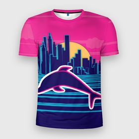 Мужская футболка 3D Slim с принтом Ретро дельфин в Санкт-Петербурге, 100% полиэстер с улучшенными характеристиками | приталенный силуэт, круглая горловина, широкие плечи, сужается к линии бедра | Тематика изображения на принте: город | дельфин | закат | море | ретро