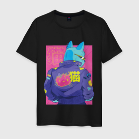 Мужская футболка хлопок с принтом Киберкот , 100% хлопок | прямой крой, круглый вырез горловины, длина до линии бедер, слегка спущенное плечо. | art | cat | cybercat | cyberpunk | арт | киберкот | киберпанк | кот | котик