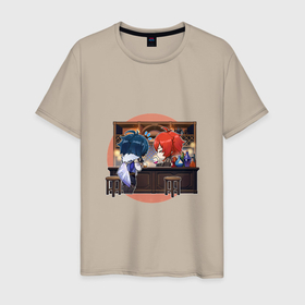 Мужская футболка хлопок с принтом Таверна Дилюка и Кэйа в Новосибирске, 100% хлопок | прямой крой, круглый вырез горловины, длина до линии бедер, слегка спущенное плечо. | арт | бар | боевой парень | дилюк | кейа | кэйа | милый парень | рисунок | таверна