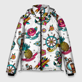 Мужская зимняя куртка 3D с принтом Old school Sailor в Петрозаводске, верх — 100% полиэстер; подкладка — 100% полиэстер; утеплитель — 100% полиэстер | длина ниже бедра, свободный силуэт Оверсайз. Есть воротник-стойка, отстегивающийся капюшон и ветрозащитная планка. 

Боковые карманы с листочкой на кнопках и внутренний карман на молнии. | mom | old | old school sailor | pineapple | sailor | school | sea | ананас | бутылка | записка | карта | корабль | мама | моряк | моряк старой школы | набор | орнамент | путешествие | роза | розы | сердце | старая школа