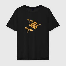 Мужская футболка хлопок Oversize с принтом Пчелы у сот в Тюмени, 100% хлопок | свободный крой, круглый ворот, “спинка” длиннее передней части | Тематика изображения на принте: мед | насекомые | пчелы | рисунок | соты