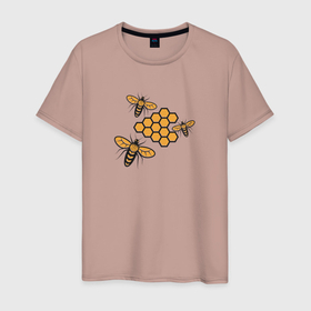 Мужская футболка хлопок с принтом Пчелы у сот в Екатеринбурге, 100% хлопок | прямой крой, круглый вырез горловины, длина до линии бедер, слегка спущенное плечо. | мед | насекомые | пчелы | рисунок | соты