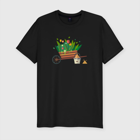 Мужская футболка хлопок Slim с принтом Тележка с цветами в Белгороде, 92% хлопок, 8% лайкра | приталенный силуэт, круглый вырез ворота, длина до линии бедра, короткий рукав | ведро | растения | рисунок | садоводство | тележка с цветами | цветы