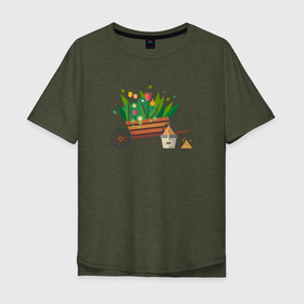 Мужская футболка хлопок Oversize с принтом Тележка с цветами в Петрозаводске, 100% хлопок | свободный крой, круглый ворот, “спинка” длиннее передней части | ведро | растения | рисунок | садоводство | тележка с цветами | цветы