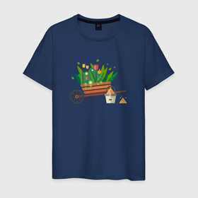 Мужская футболка хлопок с принтом Тележка с цветами в Белгороде, 100% хлопок | прямой крой, круглый вырез горловины, длина до линии бедер, слегка спущенное плечо. | ведро | растения | рисунок | садоводство | тележка с цветами | цветы