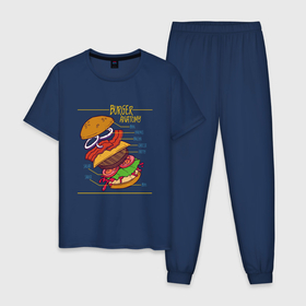 Мужская пижама хлопок с принтом Схема Анатомия Бургера в Тюмени, 100% хлопок | брюки и футболка прямого кроя, без карманов, на брюках мягкая резинка на поясе и по низу штанин
 | Тематика изображения на принте: anatomy | bacon | bun | burger | cheese | cheeseburger | fast | fastfood | food | hamburger | onion | patty | salad | sauce | scheme | бекон | булочка | гамбургер | котлета | лук | луковые кольца | помидоры | прикол | салат | соус | сыр | чертёж