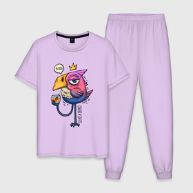 Мужская пижама хлопок с принтом Светская птица в Курске, 100% хлопок | брюки и футболка прямого кроя, без карманов, на брюках мягкая резинка на поясе и по низу штанин
 | градиент | коктейль | корона | попугай | птица