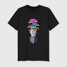 Мужская футболка хлопок Slim с принтом Грибы в лампочке в Новосибирске, 92% хлопок, 8% лайкра | приталенный силуэт, круглый вырез ворота, длина до линии бедра, короткий рукав | грибы | лампочка | мухоморы | патрон | поганки