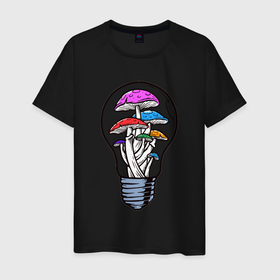 Мужская футболка хлопок с принтом Грибы в лампочке в Санкт-Петербурге, 100% хлопок | прямой крой, круглый вырез горловины, длина до линии бедер, слегка спущенное плечо. | грибы | лампочка | мухоморы | патрон | поганки