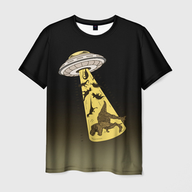 Мужская футболка 3D с принтом НЛО похищает динозавров в Петрозаводске, 100% полиэфир | прямой крой, круглый вырез горловины, длина до линии бедер | дино | динозавры | инопланетяни | летающая тарелка | наса | нло