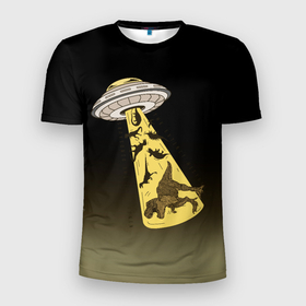 Мужская футболка 3D Slim с принтом НЛО похищает динозавров в Санкт-Петербурге, 100% полиэстер с улучшенными характеристиками | приталенный силуэт, круглая горловина, широкие плечи, сужается к линии бедра | дино | динозавры | инопланетяни | летающая тарелка | наса | нло