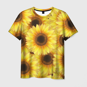 Мужская футболка 3D с принтом Подсолнухи в поле в Белгороде, 100% полиэфир | прямой крой, круглый вырез горловины, длина до линии бедер | лето | подсолнухи | поле | фон | цветы