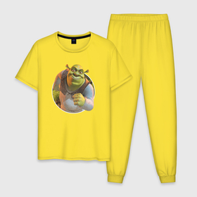 Мужская пижама хлопок с принтом Шрек в Тюмени, 100% хлопок | брюки и футболка прямого кроя, без карманов, на брюках мягкая резинка на поясе и по низу штанин
 | Тематика изображения на принте: shrek | зеленый | шрек20 | шрэк