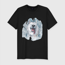 Мужская футболка хлопок Slim с принтом Самоед в Санкт-Петербурге, 92% хлопок, 8% лайкра | приталенный силуэт, круглый вырез ворота, длина до линии бедра, короткий рукав | животные | лайка | питомцы | самоед | самоедская лайка | собака | собаки