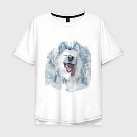 Мужская футболка хлопок Oversize с принтом Самоед в Курске, 100% хлопок | свободный крой, круглый ворот, “спинка” длиннее передней части | Тематика изображения на принте: животные | лайка | питомцы | самоед | самоедская лайка | собака | собаки