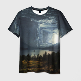 Мужская футболка 3D с принтом Фантастический пейзаж в Новосибирске, 100% полиэфир | прямой крой, круглый вырез горловины, длина до линии бедер | елки | ледник | лес | озеро | пейзаж | природа | свет | скала