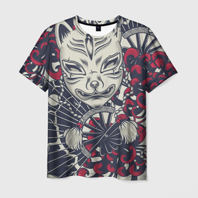Мужская футболка 3D с принтом Кицунэ | Маска лисы (Z) в Санкт-Петербурге, 100% полиэфир | прямой крой, круглый вырез горловины, длина до линии бедер | Тематика изображения на принте: fox | japan | кицунэ | лиса | традиции | традиция | япония | японская | японская традиции