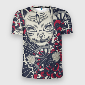 Мужская футболка 3D спортивная с принтом Кицунэ | Маска лисы (Z) , 100% полиэстер с улучшенными характеристиками | приталенный силуэт, круглая горловина, широкие плечи, сужается к линии бедра | fox | japan | кицунэ | лиса | традиции | традиция | япония | японская | японская традиции