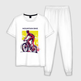 Мужская пижама хлопок с принтом Mountain Bike велосипедист в Курске, 100% хлопок | брюки и футболка прямого кроя, без карманов, на брюках мягкая резинка на поясе и по низу штанин
 | bicycle sport | bmx | country | cross | extreme | flatland | track | байк | велокросс | велосипедный спорт | горный велосипед | кросс | кросс кантри | трайк | трек | триал | флэтлэнд | фрирайд | шоссейные велоспорт