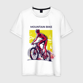 Мужская футболка хлопок с принтом Mountain Bike велосипедист в Санкт-Петербурге, 100% хлопок | прямой крой, круглый вырез горловины, длина до линии бедер, слегка спущенное плечо. | Тематика изображения на принте: bicycle sport | bmx | country | cross | extreme | flatland | track | байк | велокросс | велосипедный спорт | горный велосипед | кросс | кросс кантри | трайк | трек | триал | флэтлэнд | фрирайд | шоссейные велоспорт