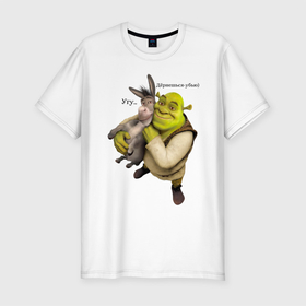 Мужская футболка хлопок Slim с принтом Shrek-Donkey в Белгороде, 92% хлопок, 8% лайкра | приталенный силуэт, круглый вырез ворота, длина до линии бедра, короткий рукав | dreamworks | shrek | арт | лого | мультфильм | постер | шрек