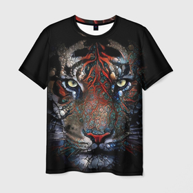 Мужская футболка 3D с принтом Цветной тигр в Екатеринбурге, 100% полиэфир | прямой крой, круглый вырез горловины, длина до линии бедер | Тематика изображения на принте: злость | мощный | отличные глаза | тигр