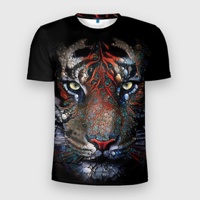Мужская футболка 3D Slim с принтом Цветной тигр в Новосибирске, 100% полиэстер с улучшенными характеристиками | приталенный силуэт, круглая горловина, широкие плечи, сужается к линии бедра | Тематика изображения на принте: злость | мощный | отличные глаза | тигр