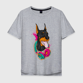 Мужская футболка хлопок Oversize с принтом Доберман меломан в Белгороде, 100% хлопок | свободный крой, круглый ворот, “спинка” длиннее передней части | доберман | животное | меломан | музыка | наушники | собака | хипстер