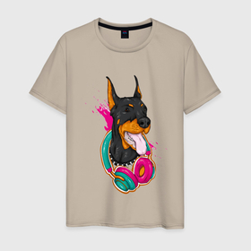 Мужская футболка хлопок с принтом Доберман меломан в Белгороде, 100% хлопок | прямой крой, круглый вырез горловины, длина до линии бедер, слегка спущенное плечо. | доберман | животное | меломан | музыка | наушники | собака | хипстер
