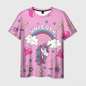 Мужская футболка 3D с принтом Единорог Радужный , 100% полиэфир | прямой крой, круглый вырез горловины, длина до линии бедер | unicorn | девочке | девчачья | детская | детство | единороги | звездочки | корона | милая | мороженое | пончики | радуга | сладости