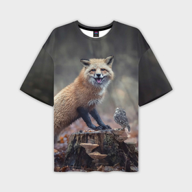 Мужская футболка oversize 3D с принтом Лисица и  птичка в Петрозаводске,  |  | Тематика изображения на принте: fox | foxy | животное | звери | лиса | лисенок | лисичка | милая | рыжая | фокс